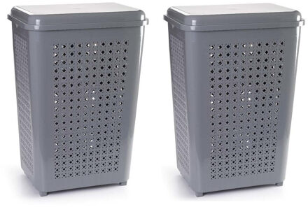 Wasmand met deksel - 2x stuks - 50 liter - grijs - kunststof - 41 x 31 x 61 cm