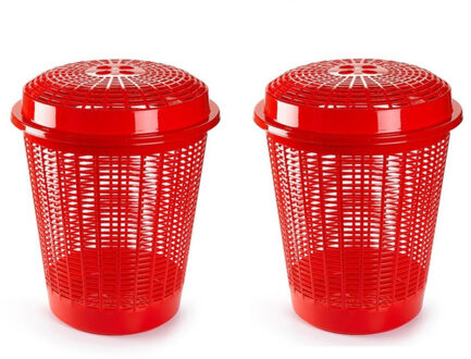 Wasmand met deksel - 2x stuks - 50 liter - rood - rond - D45 x H57 cm