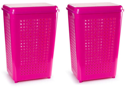 Wasmand met deksel - 2x stuks - 50 liter - roze - kunststof - 41 x 31 x 61 cm