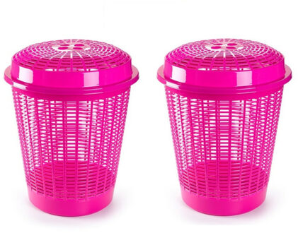 Wasmand met deksel - 2x stuks - 50 liter - roze - rond - D45 x H57 cm