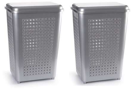 Wasmand met deksel - 2x stuks - 50 liter - zilver - kunststof - 41 x 31 x 61 cm