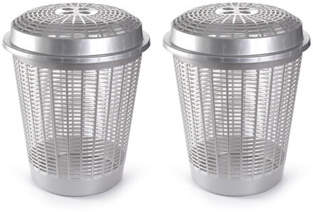 Wasmand met deksel - 2x stuks - 50 liter - zilverkleurig - rond - D45 x H57 cm