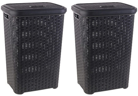 Wasmand met deksel - 2x stuks - 60 liter - antraciet - rotan - kunststof - L35 x B43 x