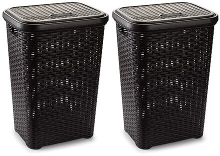 Wasmand met deksel - 2x stuks - 60 liter - donkerbruin - rotan - kunststof - L35 x B43