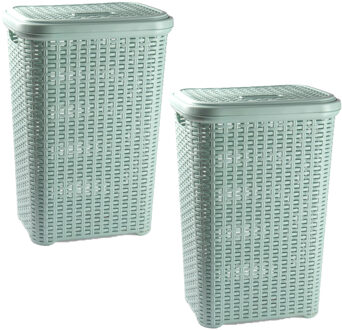 Wasmand met deksel - 2x stuks - 60 liter - lichtgroen - rotan - kunststof - L35 x B43 x
