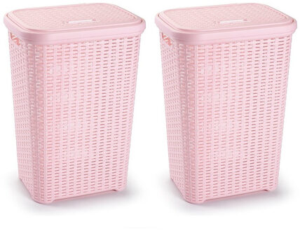 Wasmand met deksel - 2x stuks - 60 liter - lichtroze - rotan - kunststof - L35 x B43 x