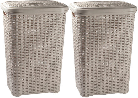 Wasmand met deksel - 2x stuks - 60 liter - taupe - rotan - kunststof - L35 x B43 x H62