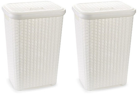 Wasmand met deksel - 2x stuks - 60 liter - wit - rotan - kunststof - L35 x B43 x H62 cm