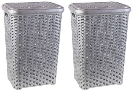 Wasmand met deksel - 2x stuks - 60 liter - zilvergrijs - rotan - kunststof - L35 x B43