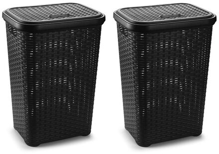 Wasmand met deksel - 2x stuks - 60 liter - zwart - rotan - kunststof - L35 x B43 x H62