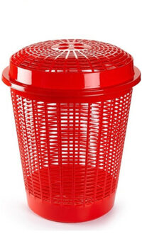 Wasmand met deksel - 50 liter - rood - rond - D45 x H57 cm