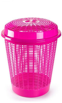 Wasmand met deksel - 50 liter - roze - rond - D45 x H57 cm