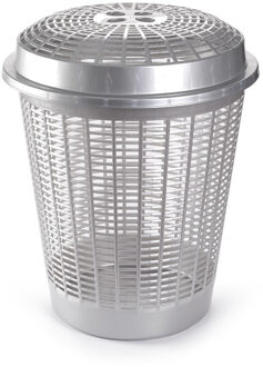 Wasmand met deksel - 50 liter - zilver - rond - D45 x H57 cm