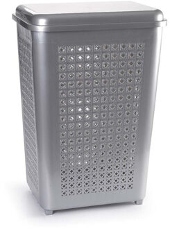 Wasmand met deksel - 50 liter - zilverkleurig - kunststof - 41x31x61 cm