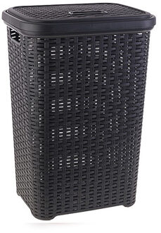 Wasmand met deksel - 60 liter - antraciet - rotan - kunststof - L35 x B43 x H62 cm