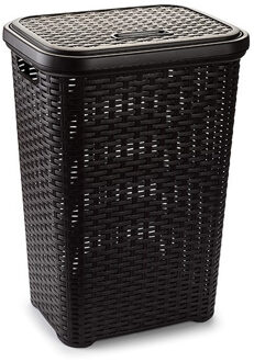 Wasmand met deksel - 60 liter - donkerbruin - rotan - kunststof - L35 x B43 x H62 cm