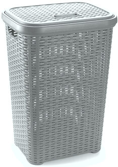 Wasmand met deksel - 60 liter - lichtgrijs - rotan - kunststof - L35 x B43 x H62 cm