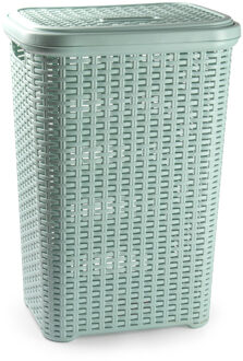 Wasmand met deksel - 60 liter - lichtgroen - rotan - kunststof - L35 x B43 x H62 cm