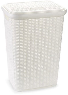Wasmand met deksel - 60 liter - wit - rotan - kunststof - L35 x B43 x H62 cm