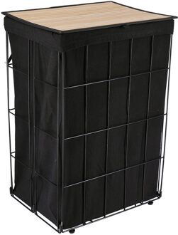 Wasmand met deksel bamboe - zwart/metaal - opvouwbaar - 60 liter - 40 x 30 x 60 cm