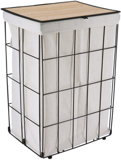 Wasmand met deksel bamboe - zwart/naturel - opvouwbaar - 60 liter - 40 x 30 x 60 cm