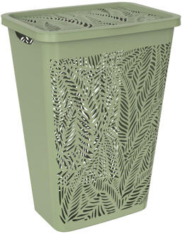 Wasmand Met Deksel Bladeren - 55L - Polypropyleen - Groen - 34x41.5x59 Cm