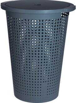 Wasmand met deksel - blauw - 35 liter - 40 x 52 cm - kunststof - rond