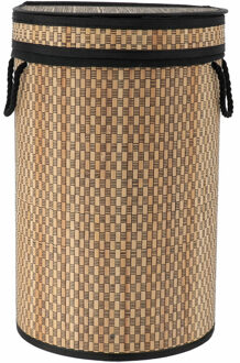 Wasmand met deksel - naturel/zwart - rond - katoen/bamboe - 67 liter - 35 x 35 x 55 cm