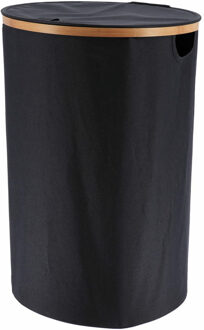 Wasmand met deksel - rond - bamboe hout - 70L - zwart - 60 x 40 cm - was sorteren