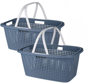 Wasmand met hengsel - 2x stuks - 38 liter - 60 cm - blauw/wit - Draagwasmanden - Wasgoedmand