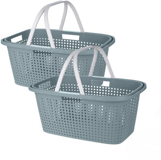 Wasmand met hengsel - 2x stuks - 38 liter - 60 cm - groen/wit - Draagwasmanden - Wasgoedmand