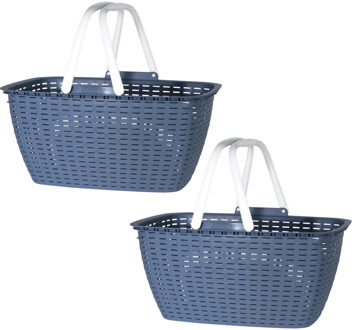 Wasmand met hengsels - 2x stuks - blauw/wit - 26 liter - L43 x B30 x H21 cm
