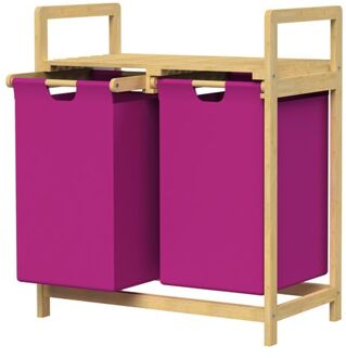 Wasmand met twee uittrekbare waszakken Beige 2x30 liter Frame van bamboehout ML design Roze