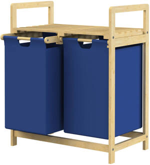 Wasmand met twee uittrekbare waszakken Donkerblauw 2x30 liter Frame van bamboehout ML design