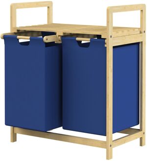 Wasmand met twee uittrekbare waszakken Donkerblauw 2x30 liter Frame van bamboehout ML design