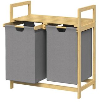 Wasmand met twee uittrekbare waszakken Donkerrood 2x30 liter Frame van bamboehout ML design Grijs