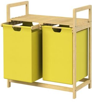 Wasmand met twee uittrekbare waszakken geel 2x30 liter bamboe houten frame ML design