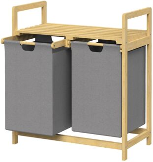 Wasmand met twee uittrekbare waszakken Grijs 2x30 liter Frame van bamboehout ML design Bruin