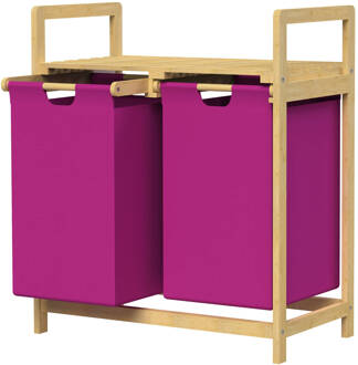 Wasmand met twee uittrekbare waszakken Magenta 2x30 liter Frame van bamboehout ML design Roze