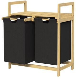 Wasmand met twee uittrekbare waszakken Wit 2x30 liter Frame van bamboehout ML design Zwart