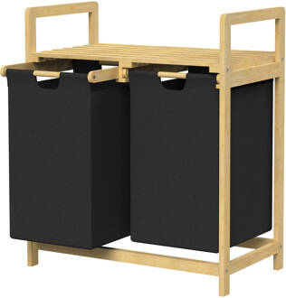 Wasmand met twee uittrekbare waszakken Zwart 2x30 liter Frame van bamboehout ML design