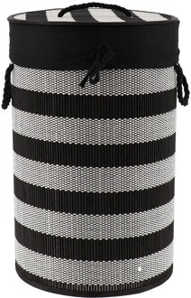 Wasmand Rustic?met deksel - zwart/wit - rond - katoen/bamboe - 67 liter - 35 x 35 x 55 cm