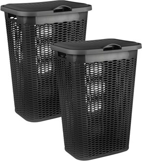 Wasmand Ventilation - 2x - met deksel - zwart - kunststof - 51 liter - 43 x 35 x 61 cm