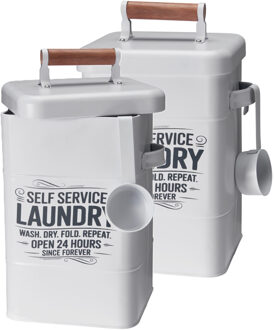 Wasmiddel/tablet bewaarblik - 2x - metaal - wit - met deksel en maatschep - 18 x 16 x 30 cm