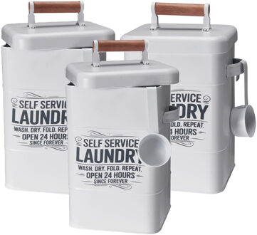 Wasmiddel/tablet bewaarblik - 3x - metaal - wit - met deksel en maatschep - 18 x 16 x 30 cm