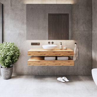 Wastafelbladset Gliss Design Topdek 2x 100x46 cm Ruw Natuur Incl. 4 Ophangbeugels Met Waskom Eiken