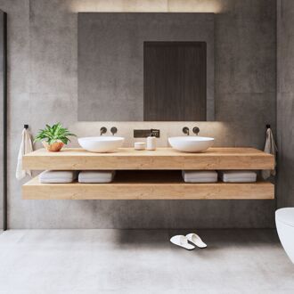 Wastafelbladset Gliss Design Topdek 2x 180x46 cm Ruw Gerookt Incl. 8 Ophangbeugels Met Waskommen Bruin