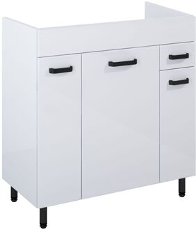 Wastafelonderkast Ava 80cm - Wit Glanzend - Met 1 Lade En 3 Deuren - Met Zwarte Handgrepen En Poten - 80x83,5x45,6cm