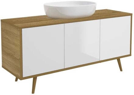 Wastafelonderkast Woody 140cm - Wit / Natuur Eik Glanzend - Met 3 Deuren - 140x56x46cm