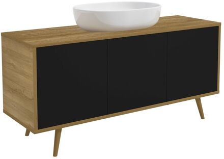 Wastafelonderkast Woody 140cm - Zwart Mat/natuurlijke Eik - Met 3 Deuren - Met Houten Poten